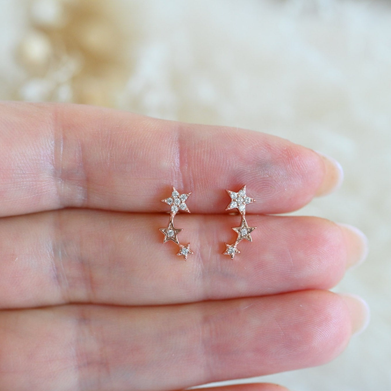 Minimalist stud earrings 3 stars, 925 silver, rose gold