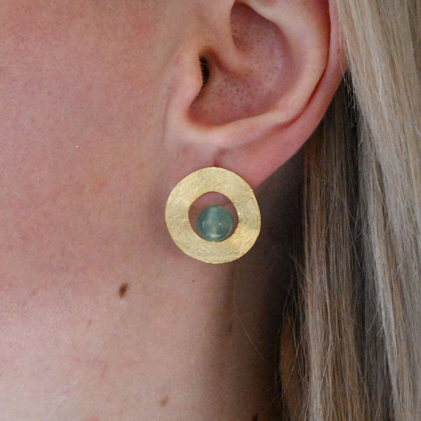 Retro circle earrings, gemstone aventurine, 925 silver, 18K gold