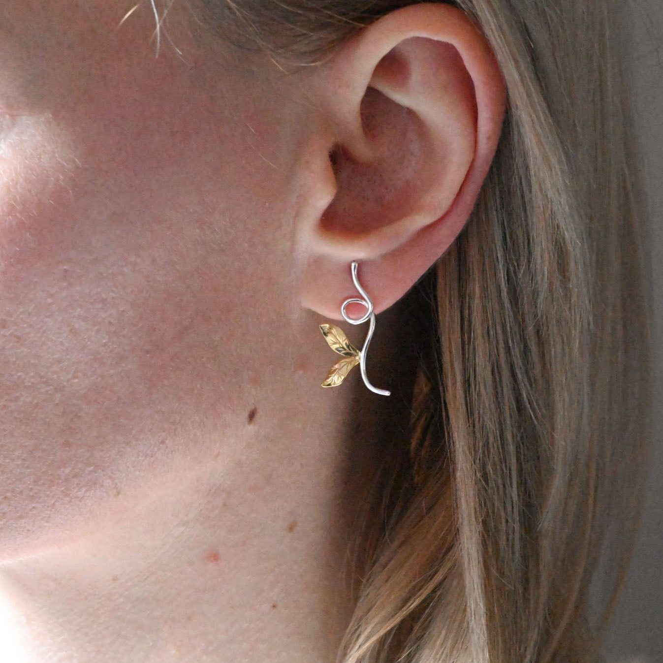 Handgefertigte Zweig und Blätter Ohrringe, 925er Silber, 18K Gold