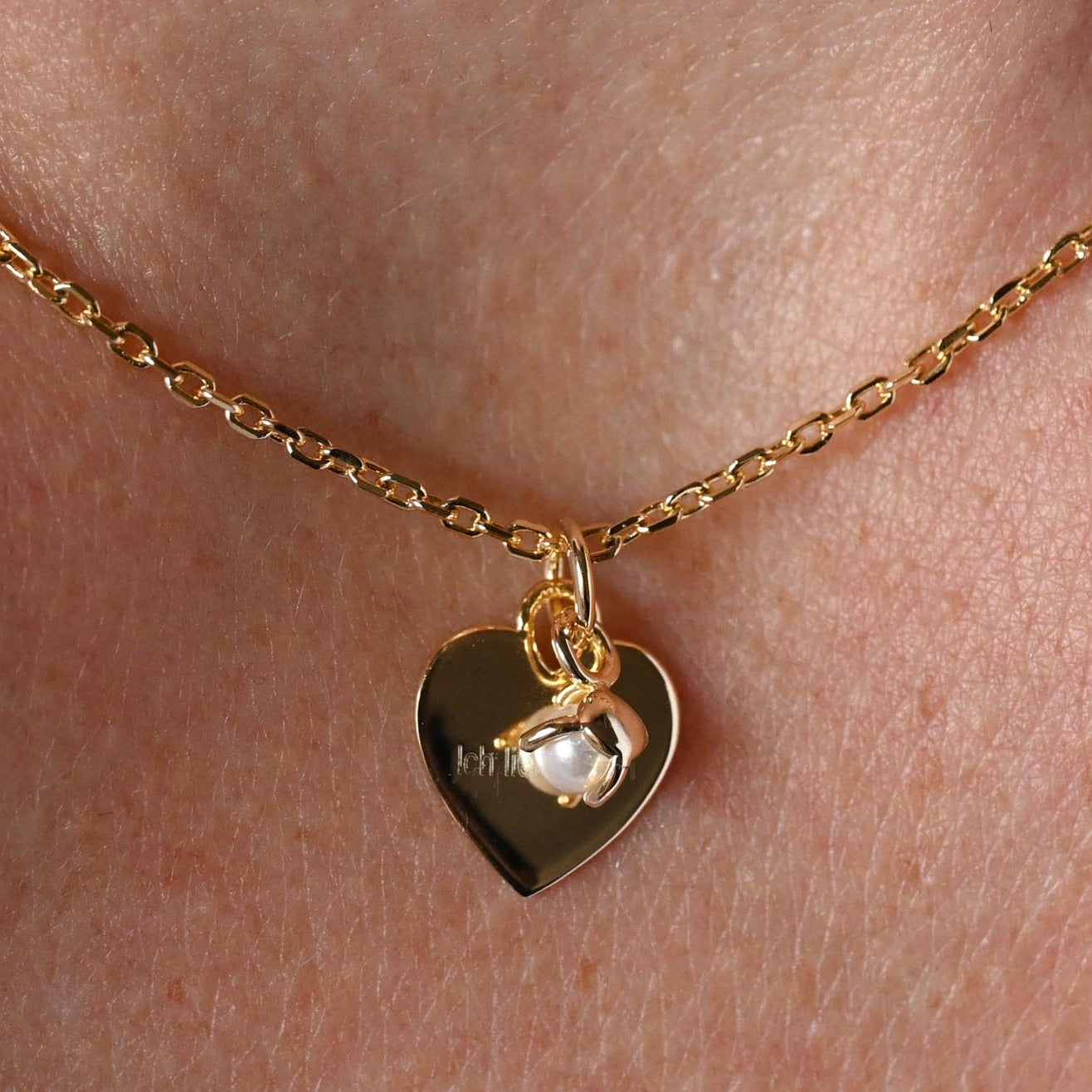 Necklace Heart and Pearl, Engraving "I love you" 925 Silver, 14K Gold
