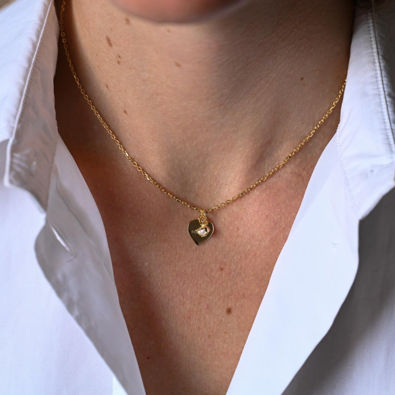 Necklace Heart and Pearl, Engraving "I love you" 925 Silver, 14K Gold