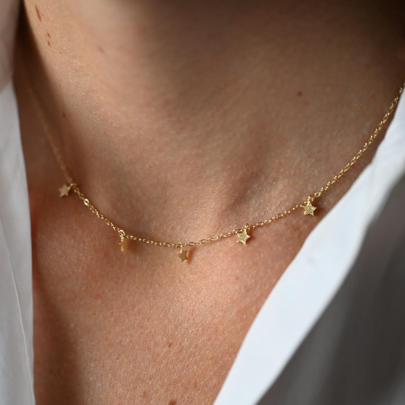 Necklace Choker with small stars, 925 silver, 14K gold