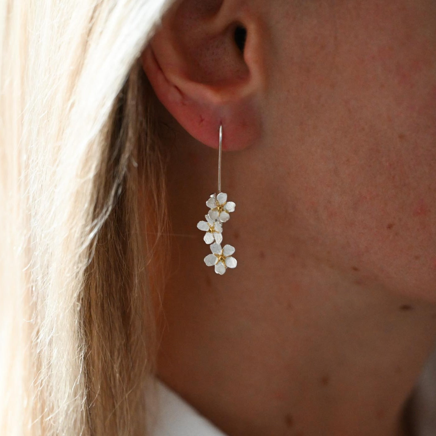 Handmade Forget-me-not necklace long, 925 silver, 18K gold