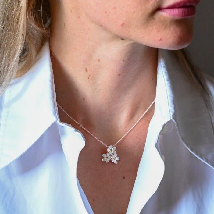 Handmade Forget-me-not necklace wide, 925 silver, 18K gold