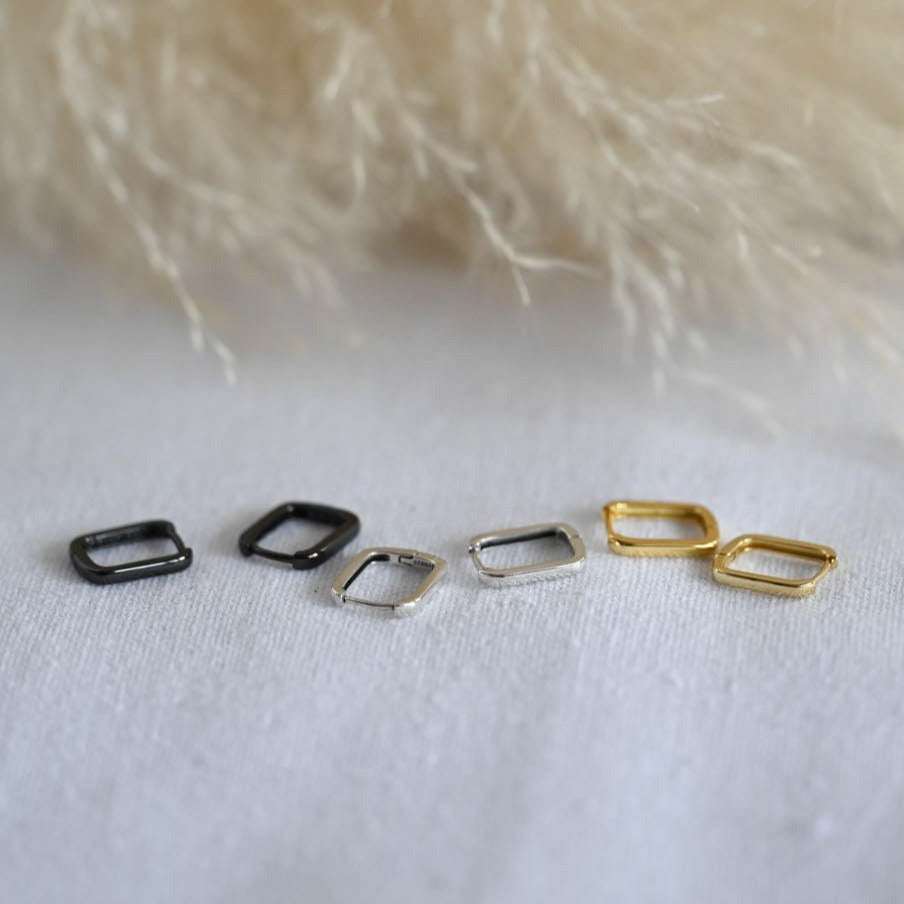 Modern Small Rectangle Hoop Earrings, 925 Silver, 18K Gold