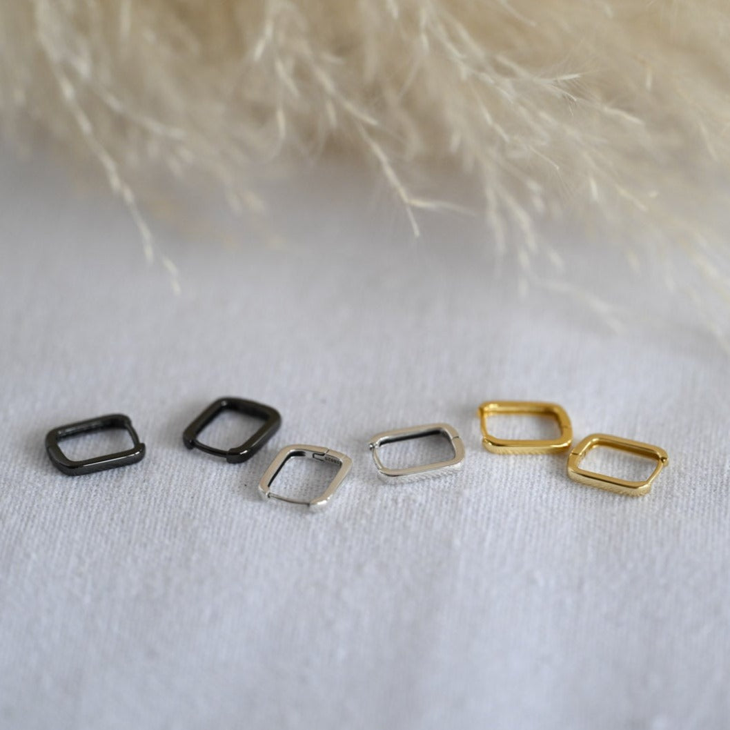 Modern Small Rectangle Hoop Earrings, 925 Silver, 18K Gold