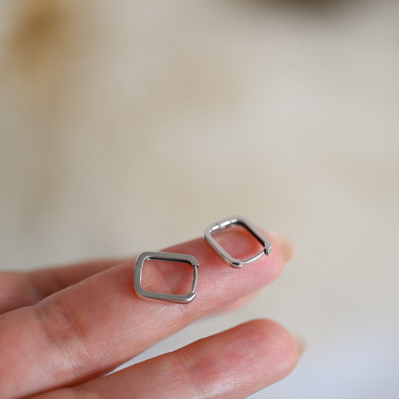 Modern Small Rectangle Hoop Earrings, 925 Silver, 18K Gold