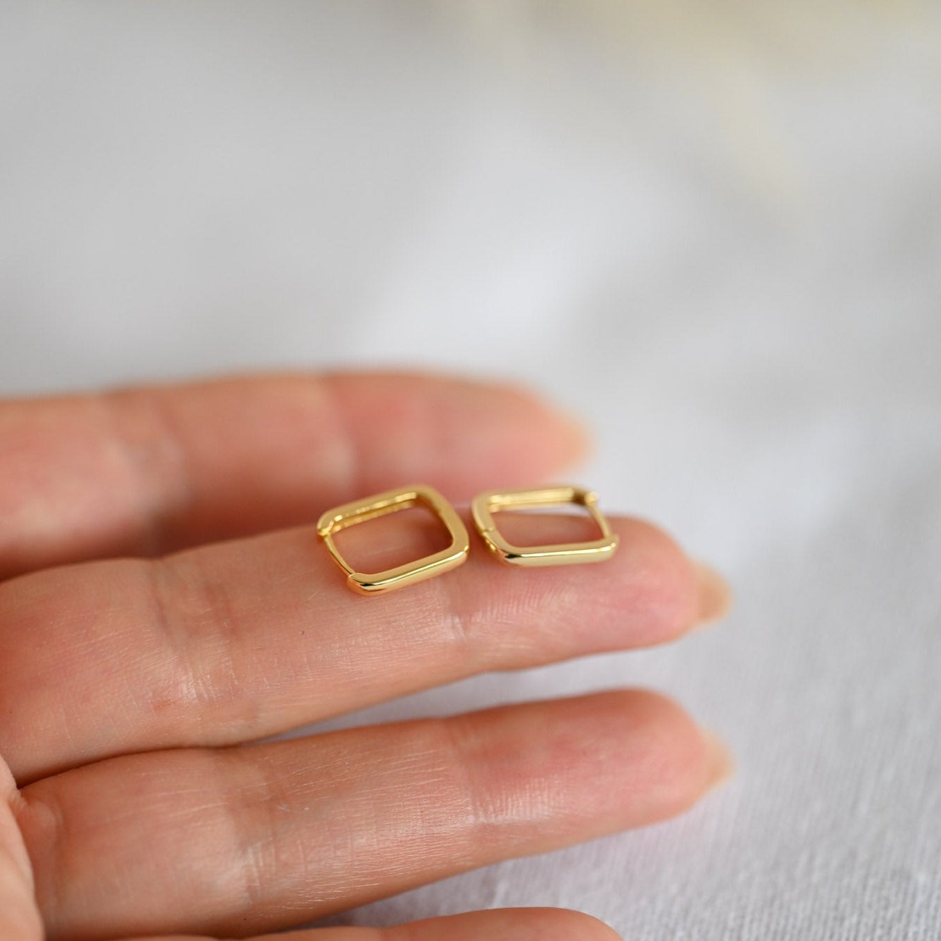 Modern Small Rectangle Hoop Earrings, 925 Silver, 18K Gold