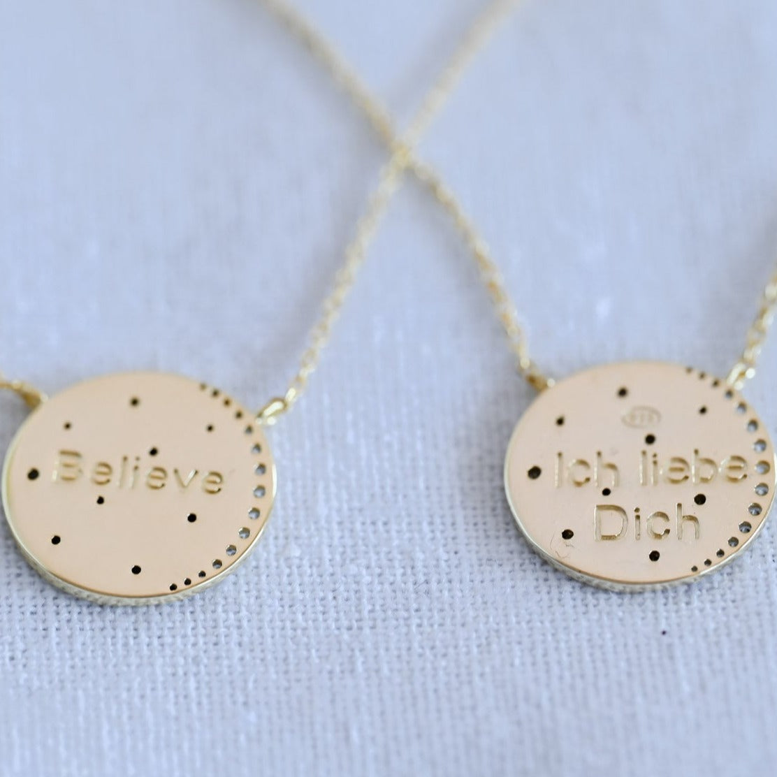 Halskette Mond und Sterne "Du bist mein Universum" mit Gravur, 925er Silber, 14K Gold