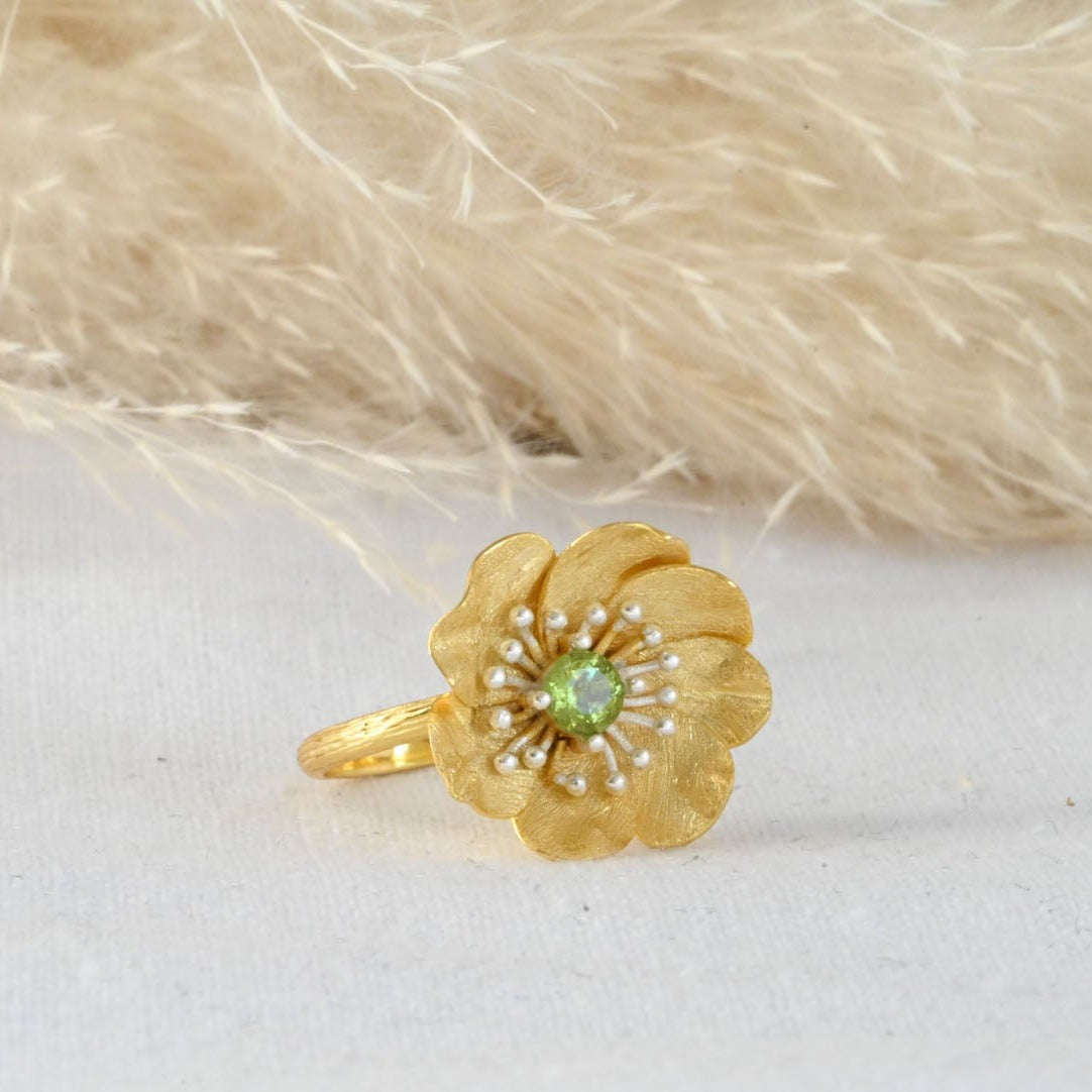 Handmade ring "Blooming Anemone" with peridot