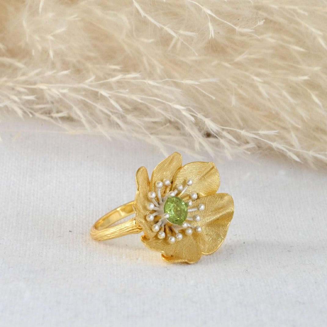 Handmade ring "Blooming Anemone" with peridot