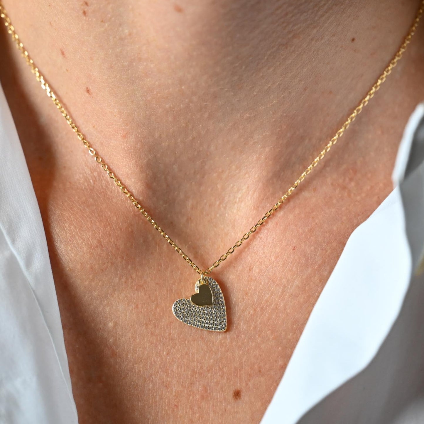Ring large heart and mini heart, 925 silver, 14K gold