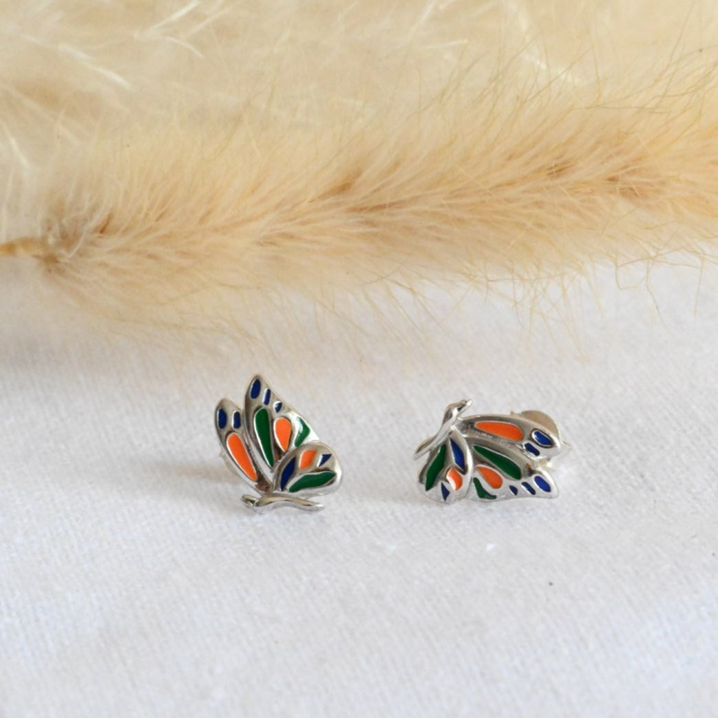 Zarte Ohrstecker "Bunter Schmetterling", 925er Silber, Emaille