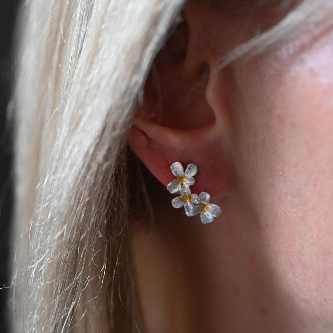 Delicate Blossom Stud Earrings, 925 Silver, 18K Gold