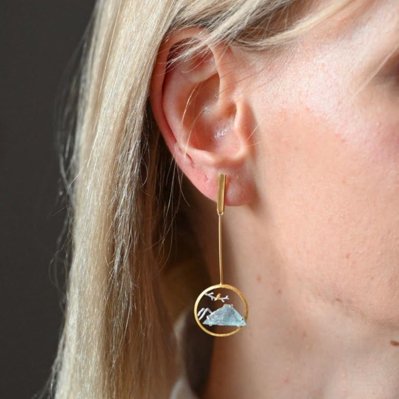 Handgemachte Hängeohrringe Aquamarin Berge, 925er Silber, 18K Gold