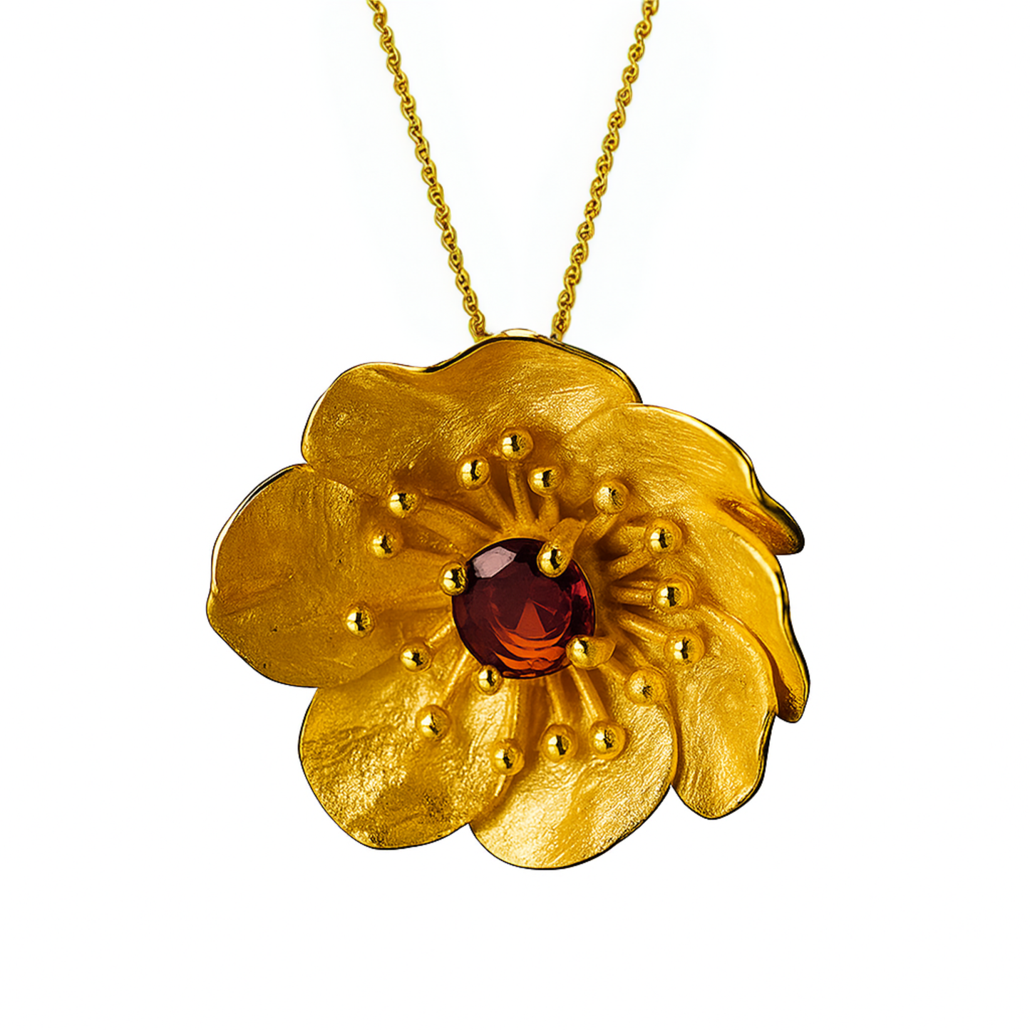 Handgefertigte Kette mit großer Anemone Blume, 925 Sterling Silber, 18K Gold, mit natürlichem Granat