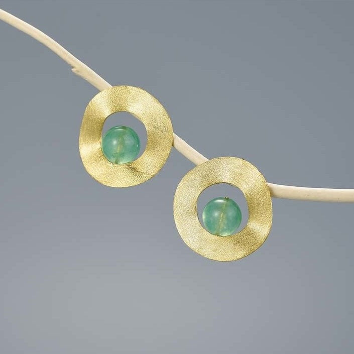 Retro circle earrings, gemstone aventurine, 925 silver, 18K gold