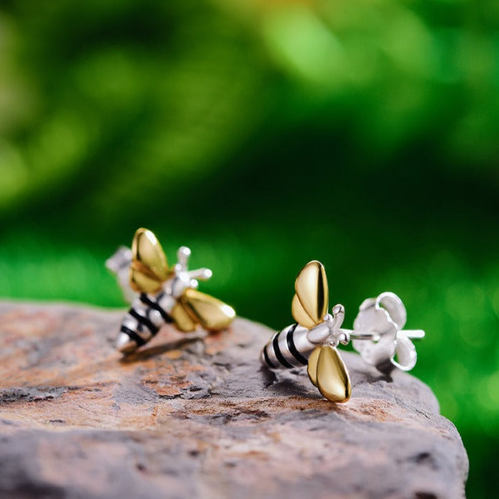 Schmuckset zierliche Ohrstecker und Halskette mit Bienen-Anhänger, 925er Silber, 18K Gold