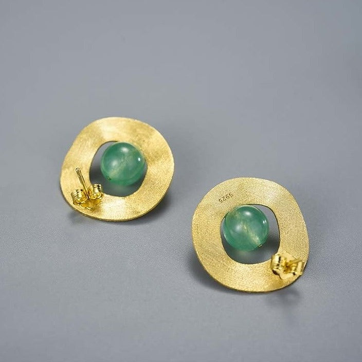 Retro circle earrings, gemstone aventurine, 925 silver, 18K gold