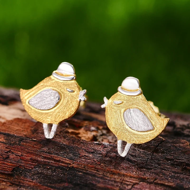 Handmade cute gentleman birds stud earrings, 925 silver, 18K gold