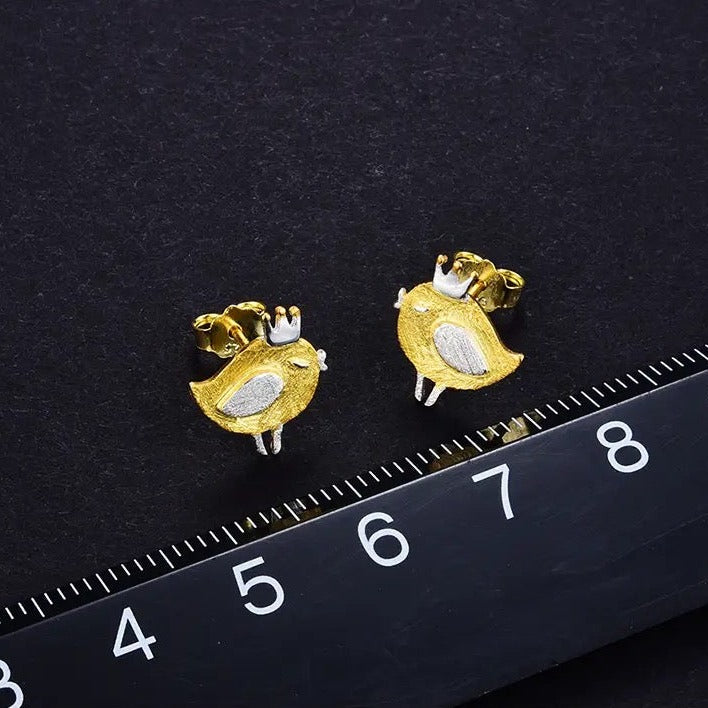 Handmade cute gentleman birds stud earrings, 925 silver, 18K gold