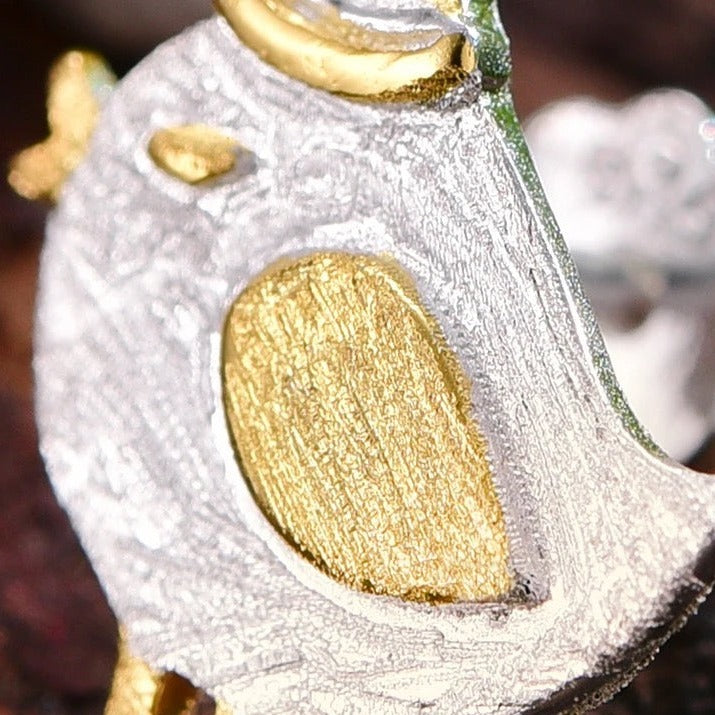 Handmade cute gentleman birds stud earrings, 925 silver, 18K gold
