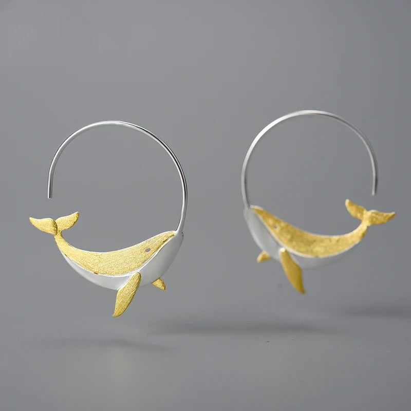 Hoop earrings "Little Whale", 925 silver, 18K gold