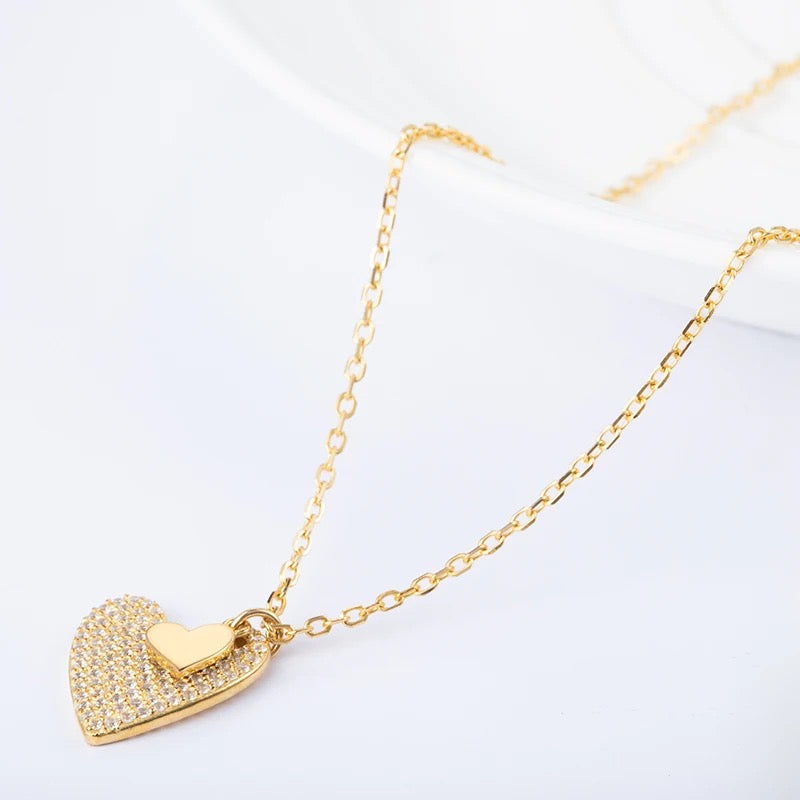 Ring large heart and mini heart, 925 silver, 14K gold