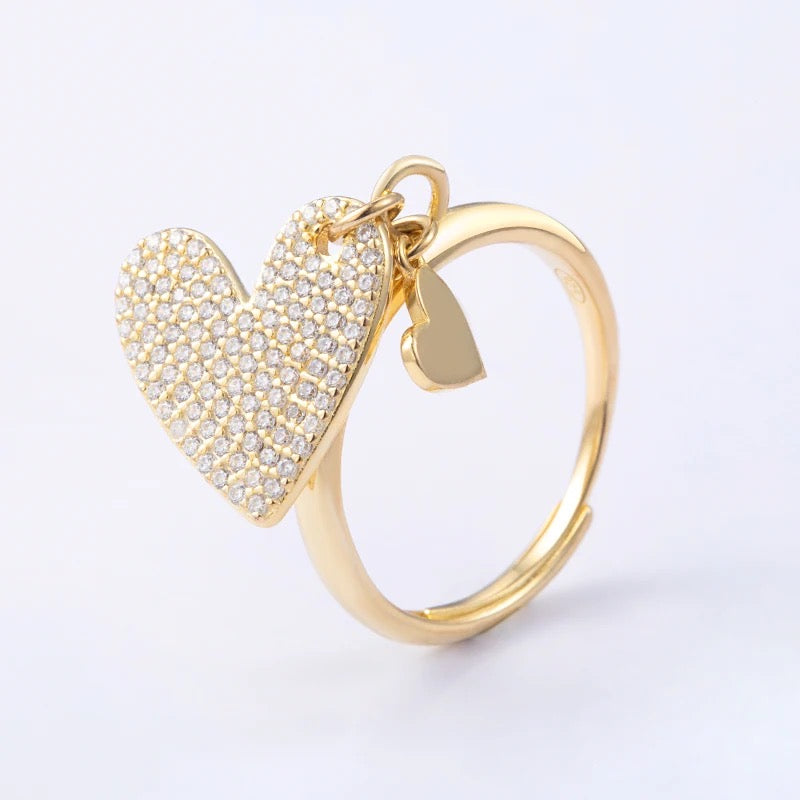 Ring large heart and mini heart, 925 silver, 14K gold