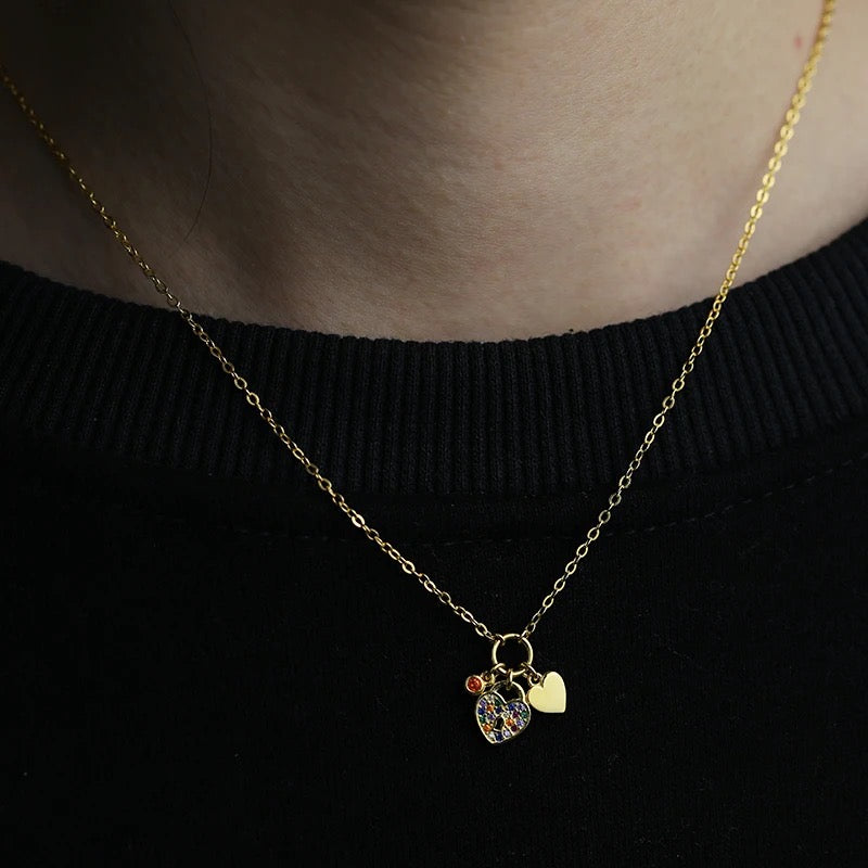 Necklace with Lock, Heart, Clover Pendant, 14K Gold, Cubic Zirconia
