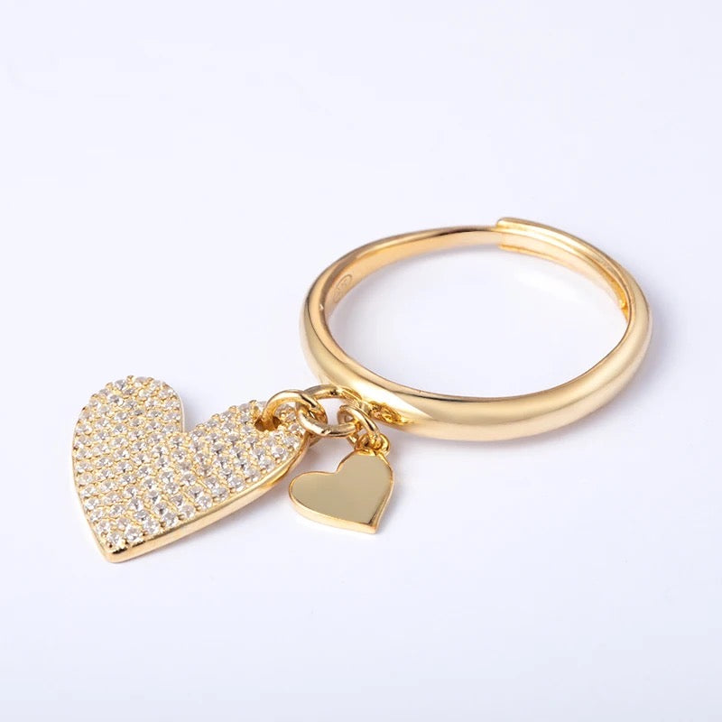 Ring large heart and mini heart, 925 silver, 14K gold
