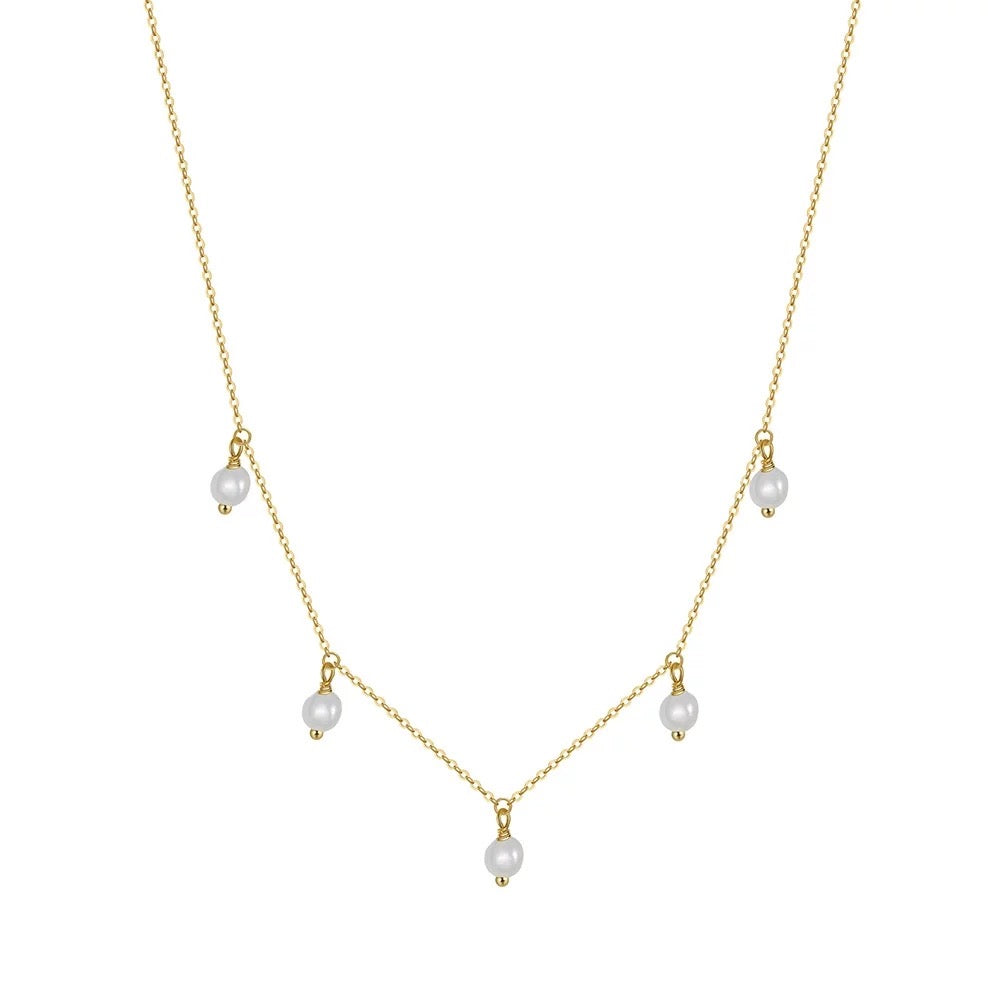 Dainty minimalist necklace with 5 freshwater pearls, 925 silver 14K gold
