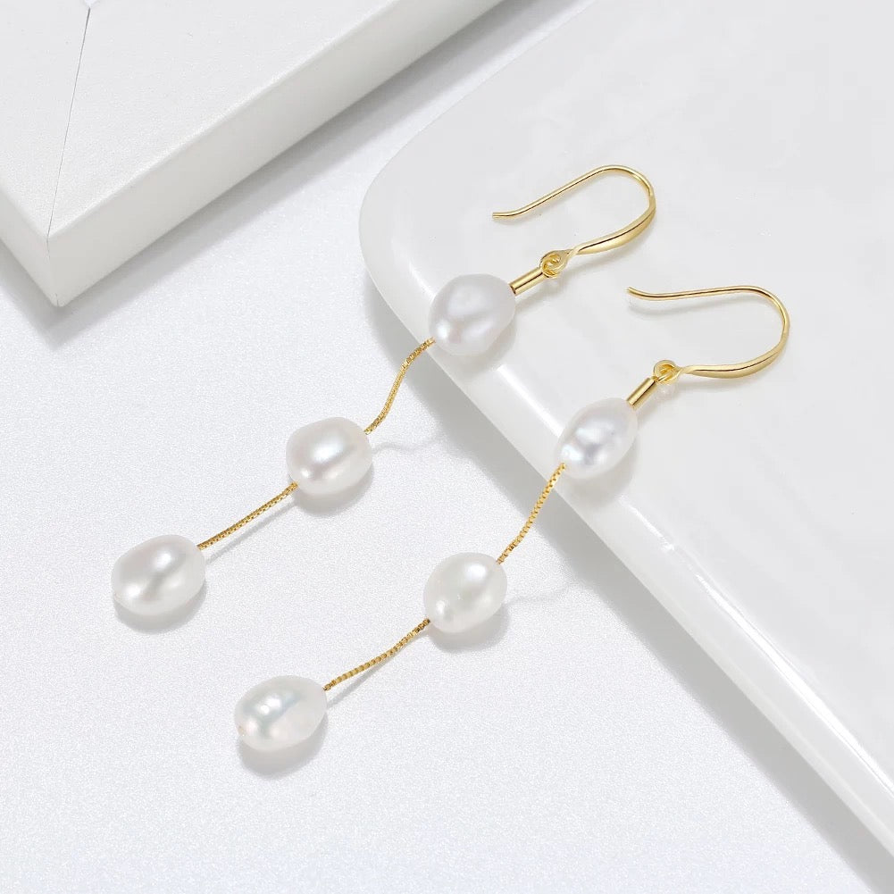 Elegant drop earrings 3 freshwater pearls, 925 silver, 14K gold