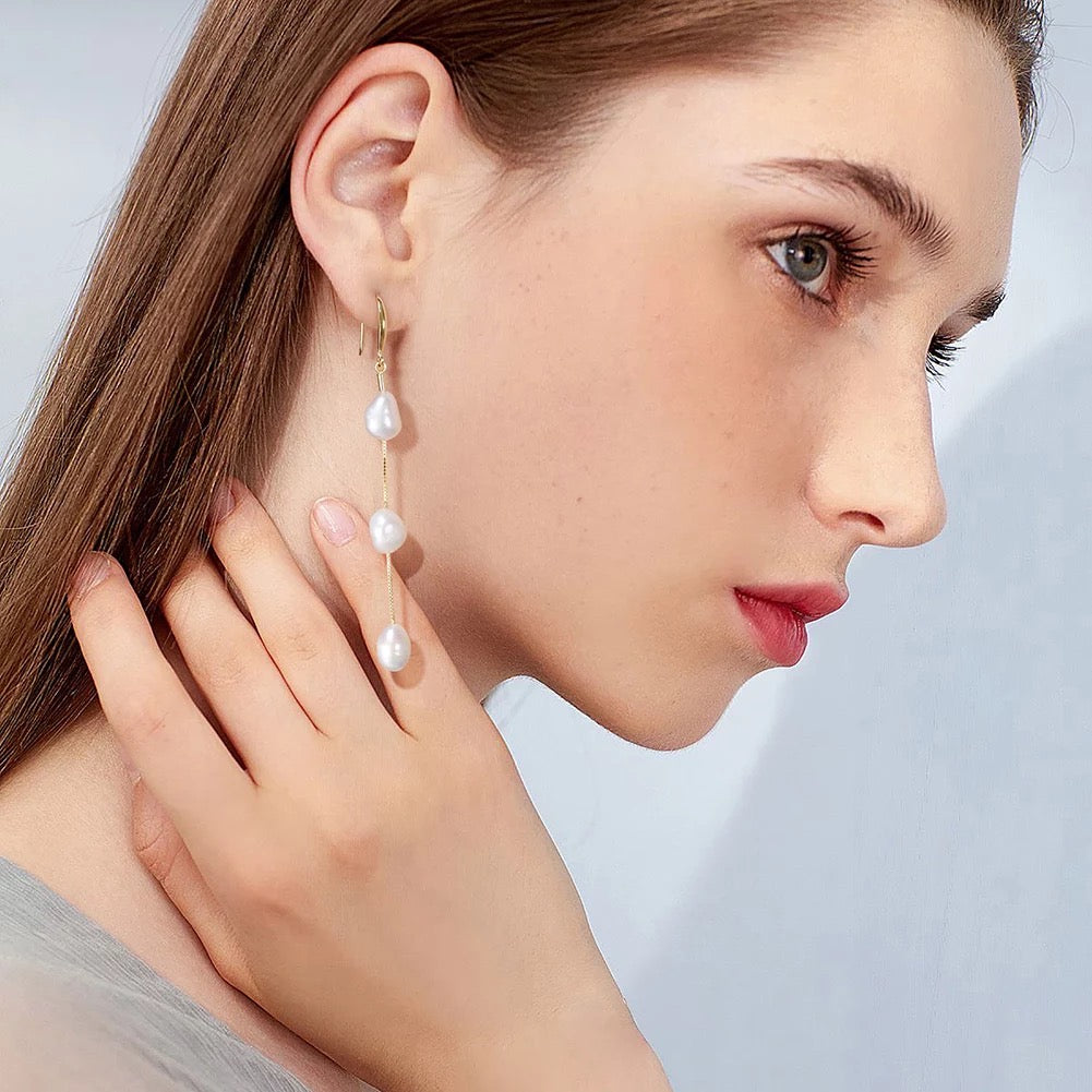 Elegant drop earrings 3 freshwater pearls, 925 silver, 14K gold
