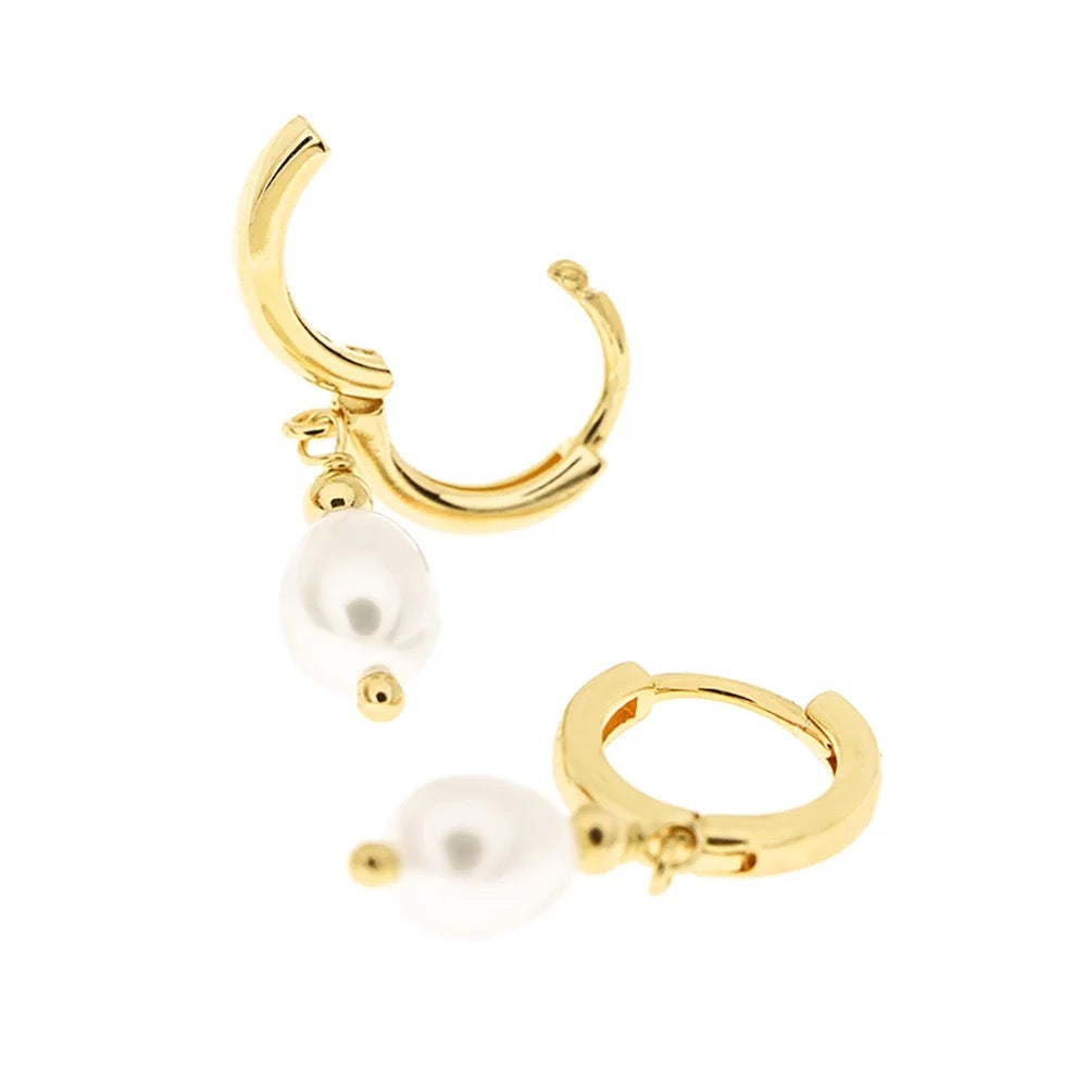 Small Hoop Earrings with Oval Pearls, 925 Silver, 14K Gold