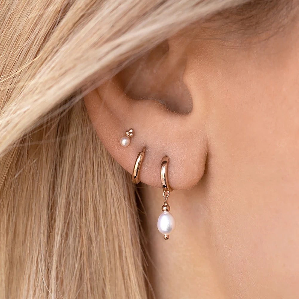 Small Hoop Earrings with Oval Pearls, 925 Silver, 14K Gold