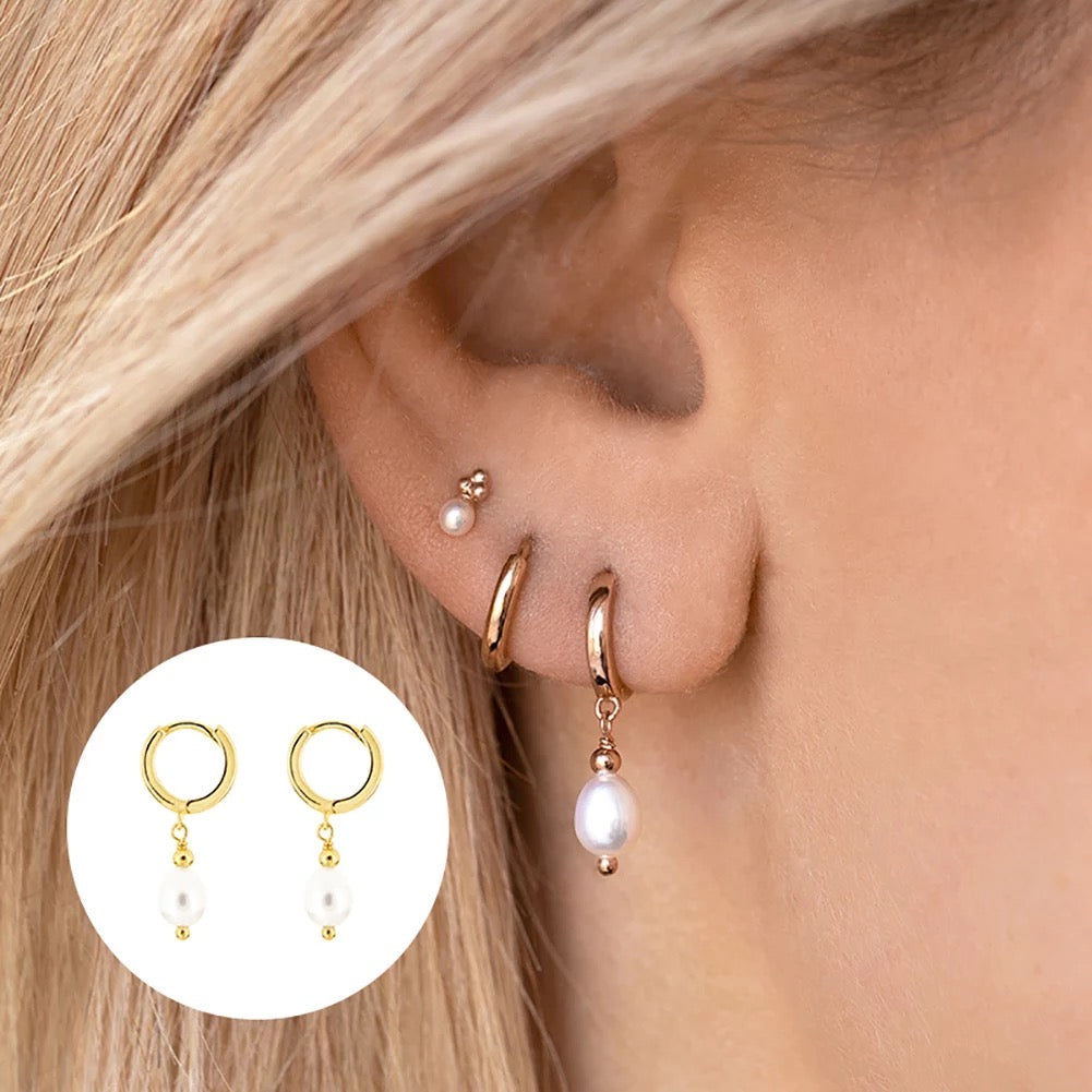 Small Hoop Earrings with Oval Pearls, 925 Silver, 14K Gold