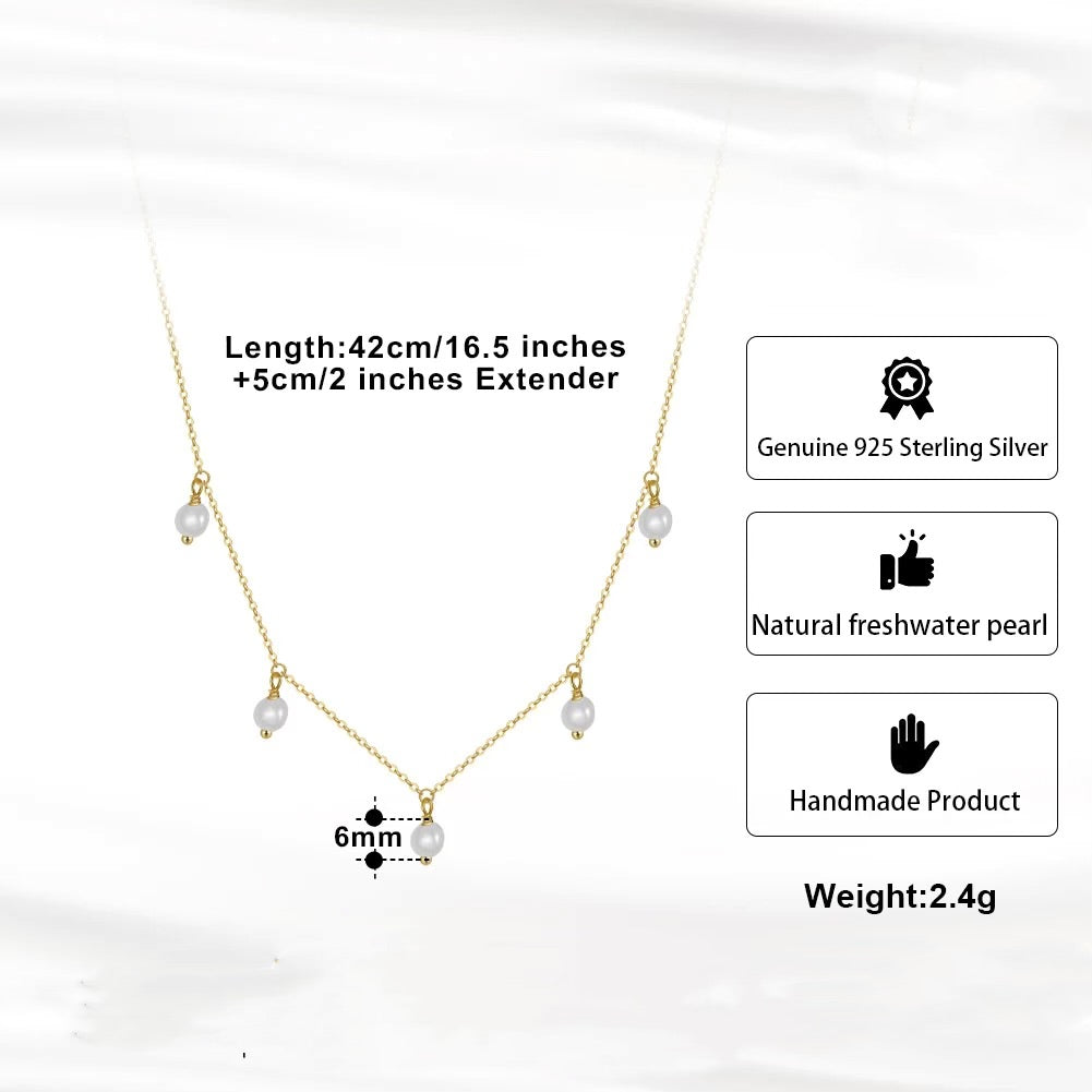 Dainty minimalist necklace with 5 freshwater pearls, 925 silver 14K gold