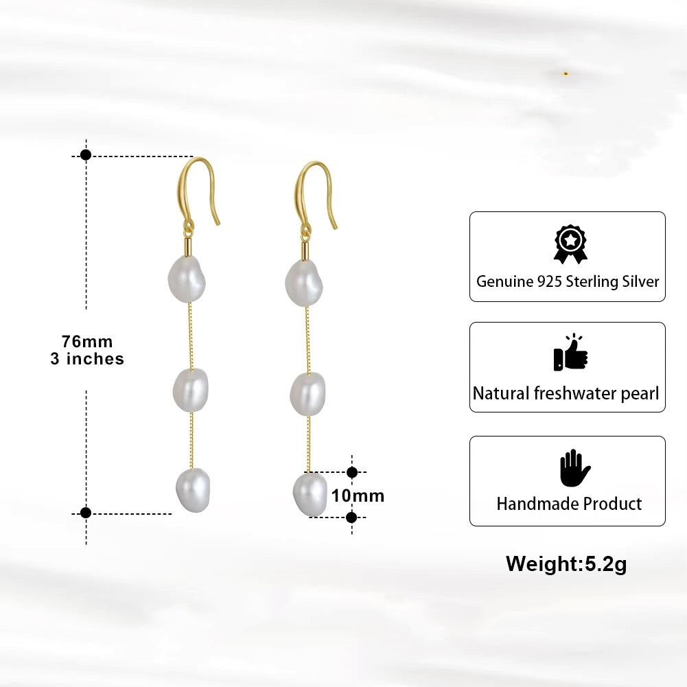 Elegant drop earrings 3 freshwater pearls, 925 silver, 14K gold