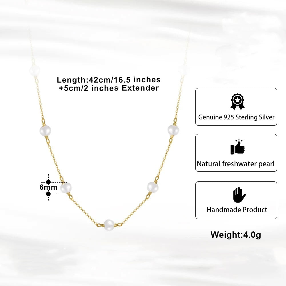Zarte minimalistische Halskette mit 5 Süßwasserperlen, 925er Silber, 14K Gold