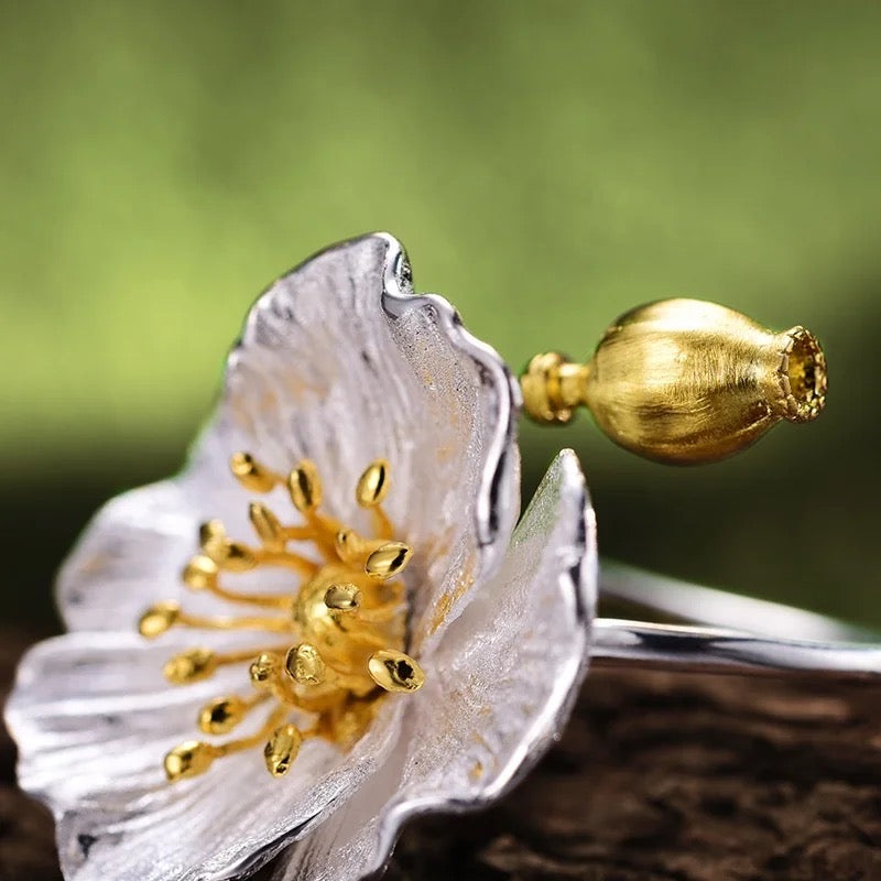 Handgefertigte Ohrringe und Ring "Blühende Mohnblume"