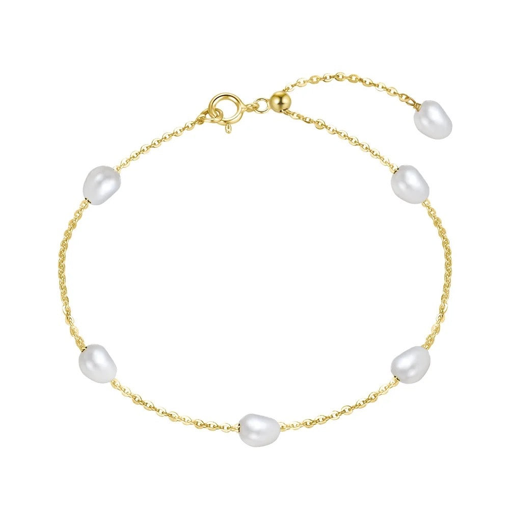 Zarte minimalistische Halskette mit 5 Süßwasserperlen, 925er Silber, 14K Gold