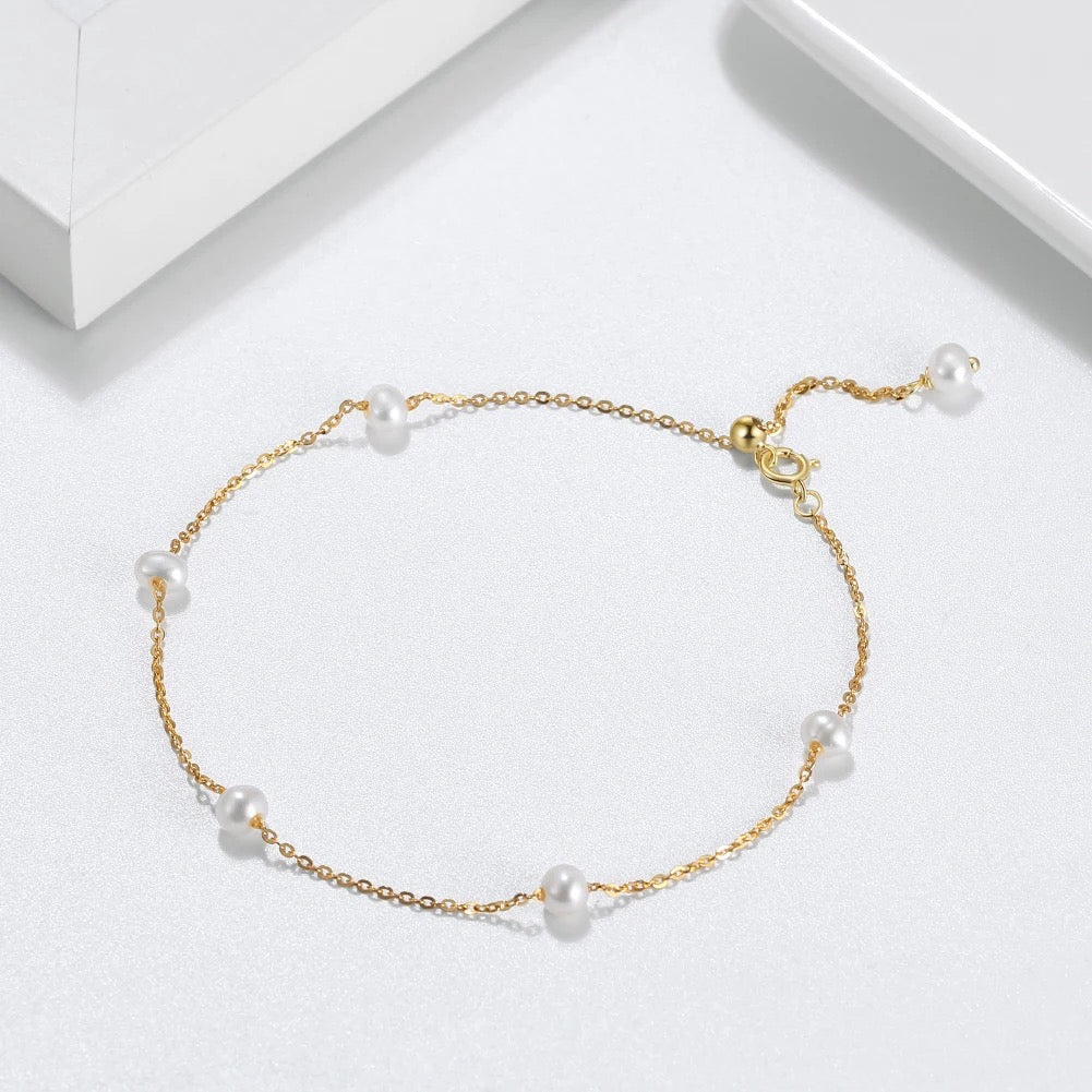 Zarte minimalistische Halskette mit 5 Süßwasserperlen, 925er Silber, 14K Gold