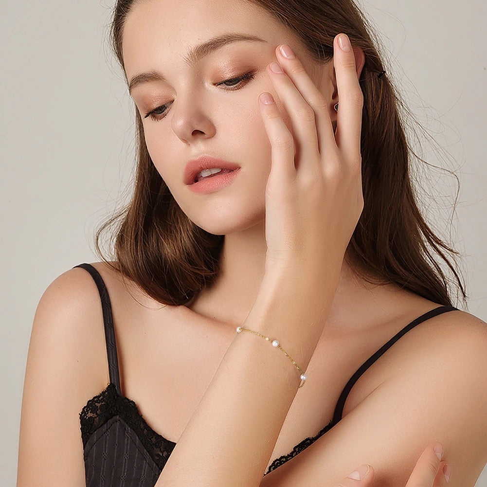 Zarte minimalistische Halskette mit 5 Süßwasserperlen, 925er Silber, 14K Gold