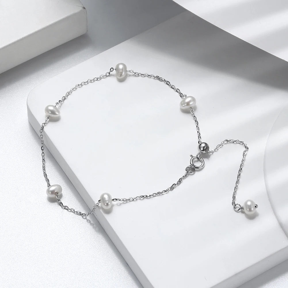 Zarte minimalistische Halskette mit 5 Süßwasserperlen, 925er Silber, 14K Gold