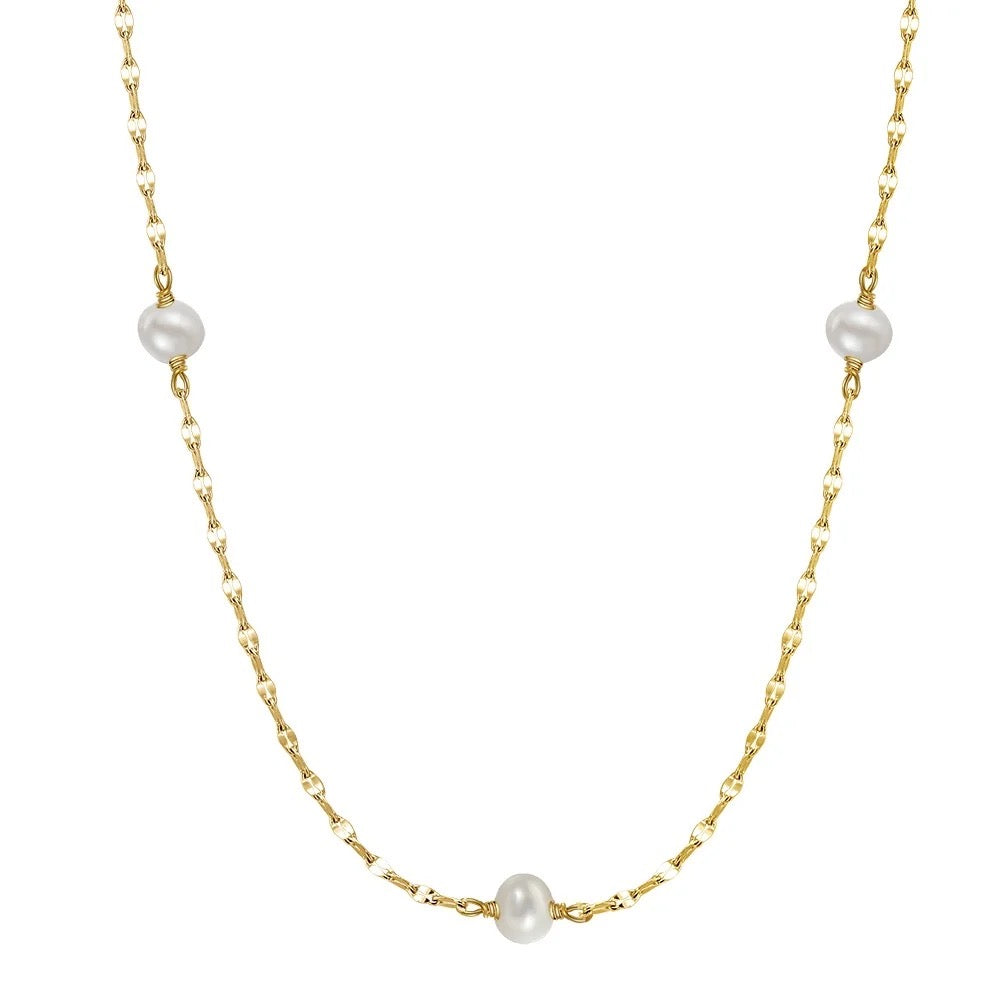 Delicate minimalist necklace with freshwater pearls, 925 silver 14K gold
