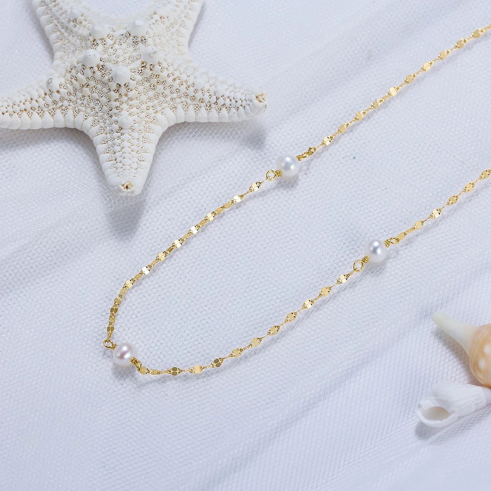 Delicate minimalist necklace with freshwater pearls, 925 silver 14K gold