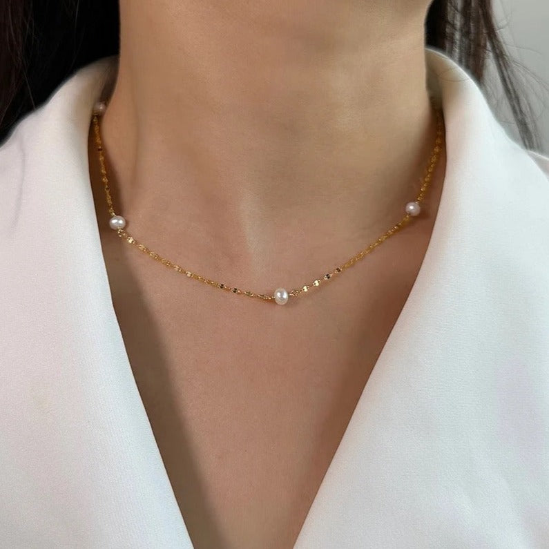Delicate minimalist necklace with freshwater pearls, 925 silver 14K gold