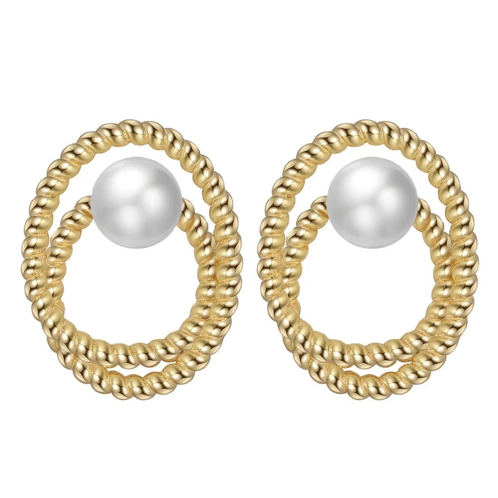 Handmade Minimalist Stud Earrings: Double Circle with Pearl