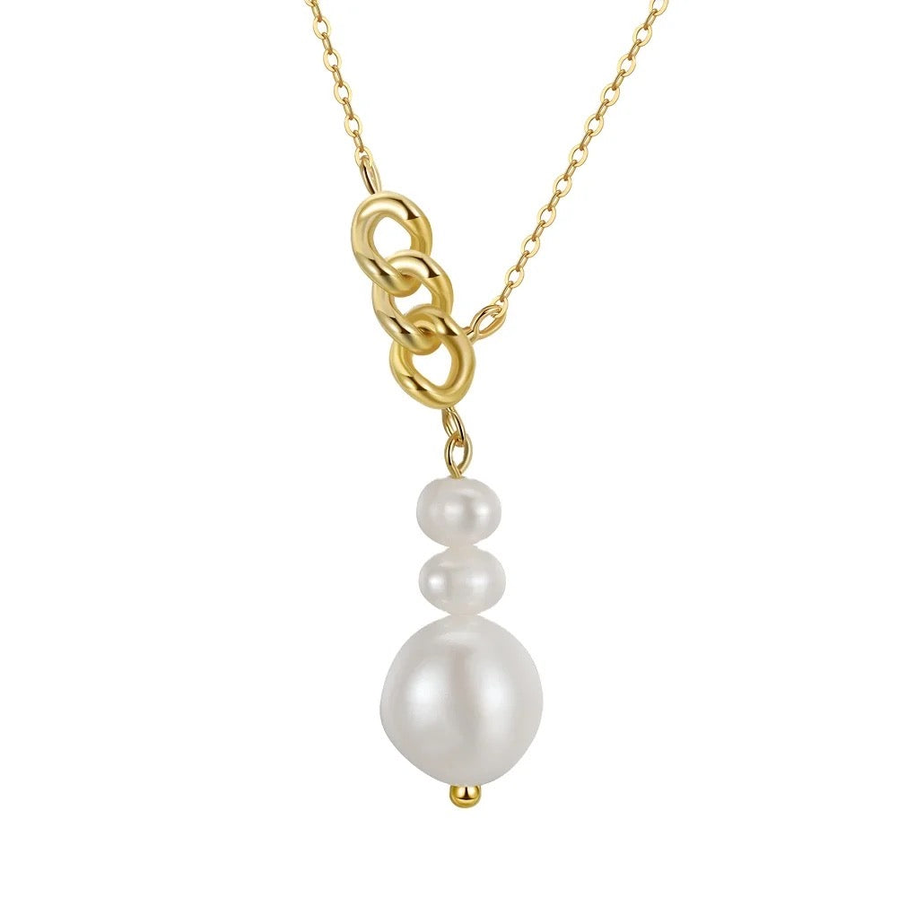 Elegante minimalistische Halskette mit 3 Süßwasserperlen, 925er Silber 14K Gold